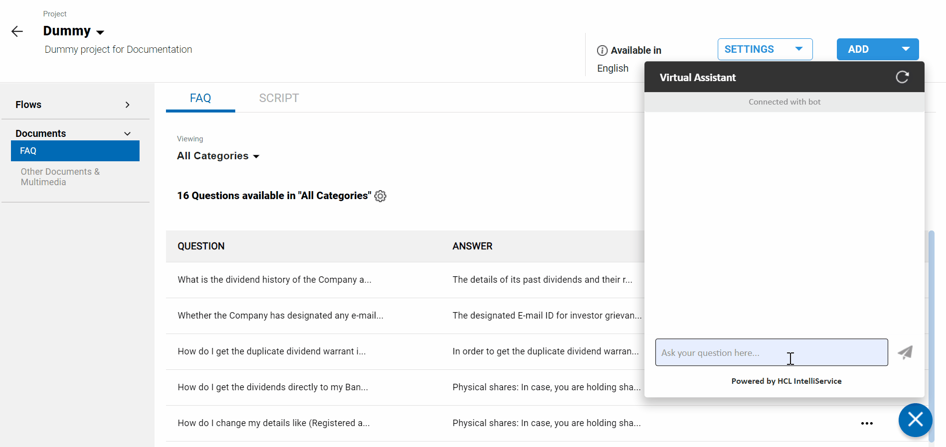 Smartfaq response for sample FAQ document