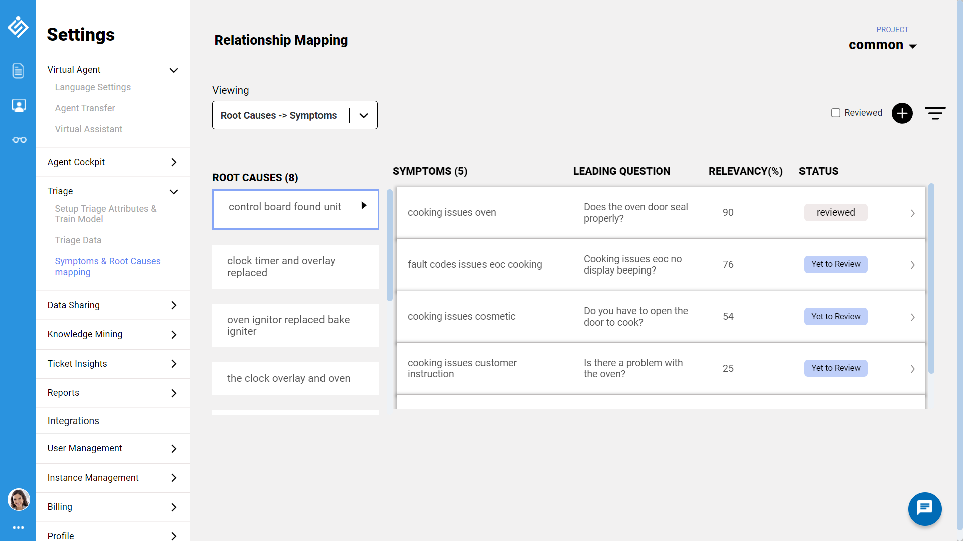 Sample screenshot of Symptoms and root Cause
