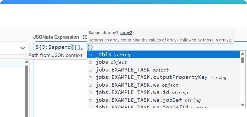 Autocomplete close-up showing function signature hint and context-aware JSON path suggestions.