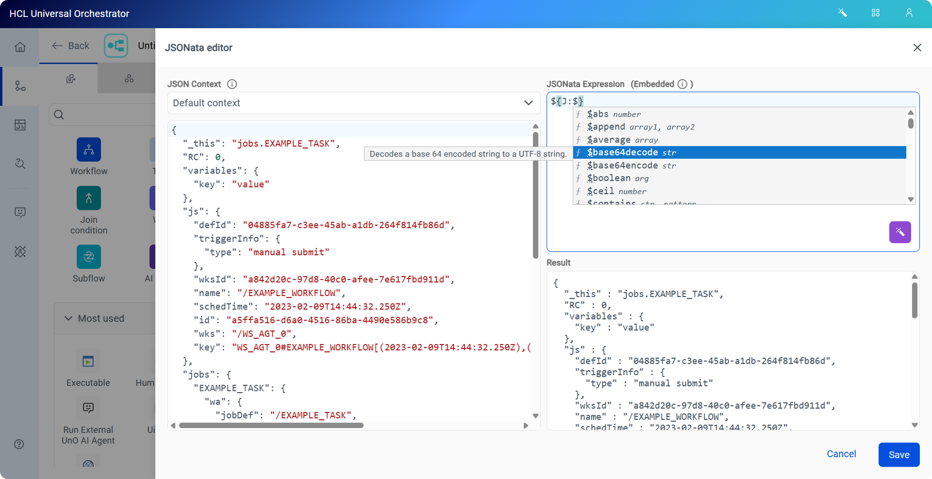 The JSONata editor Expression pane with function autocomplete dropdown and description tooltip.