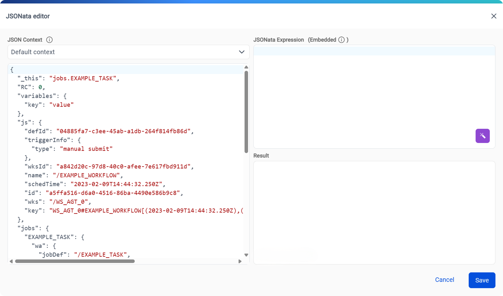 The JSONata editor dialog showing the JSON Context pane and Expression pane.