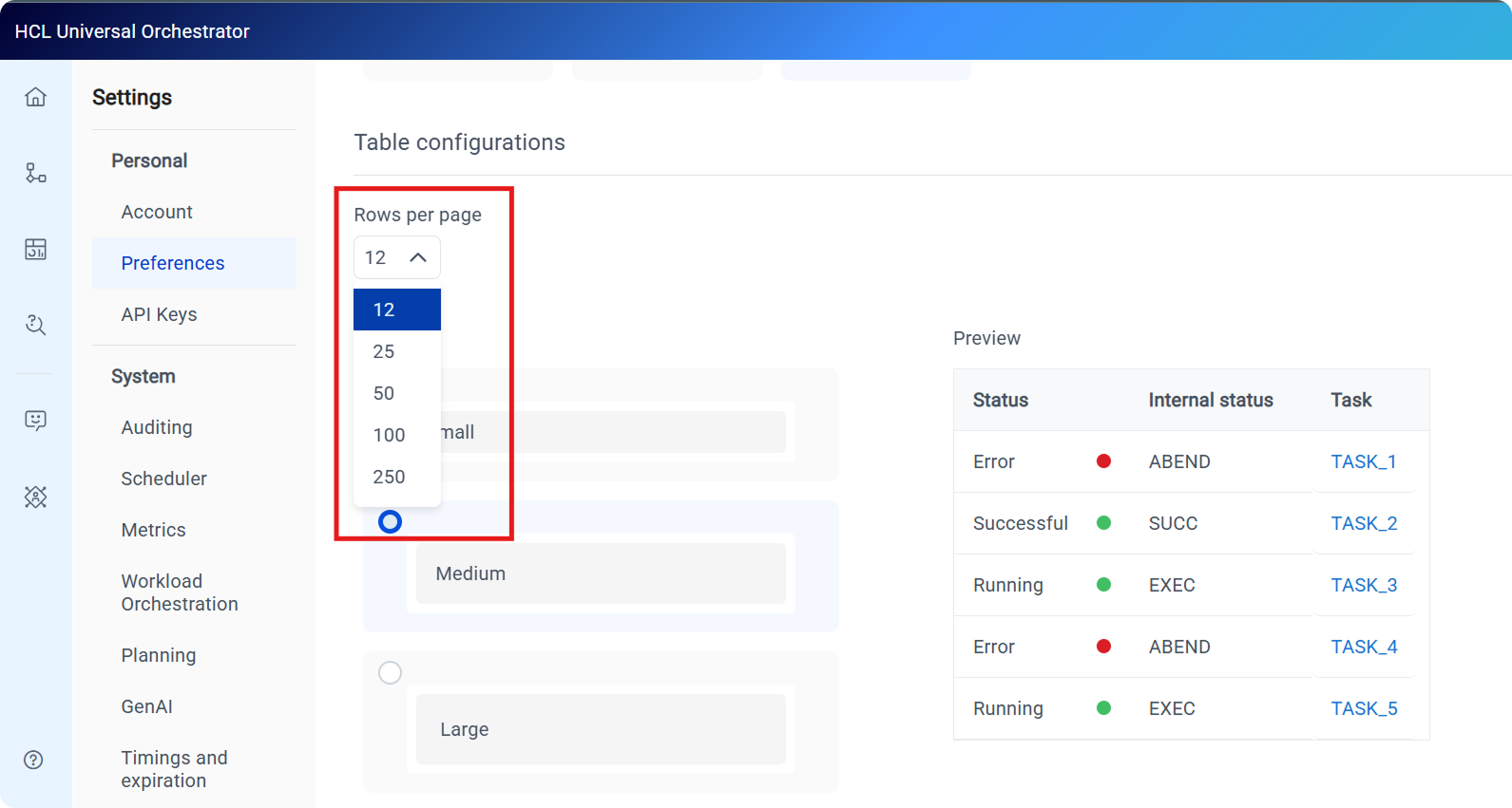 The Table configurations section showing the Rows per page dropdown with options 12 through 250.