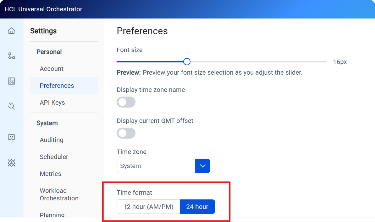The Preferences page showing the Time format control with 12-hour and 24-hour options.