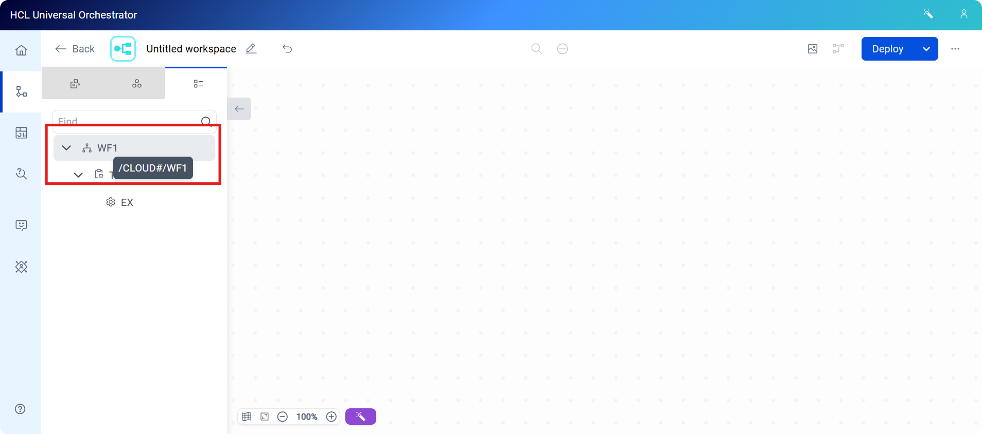 The Search panel with a workflow expanded, showing a nested task and a tooltip displaying the full path identifier.