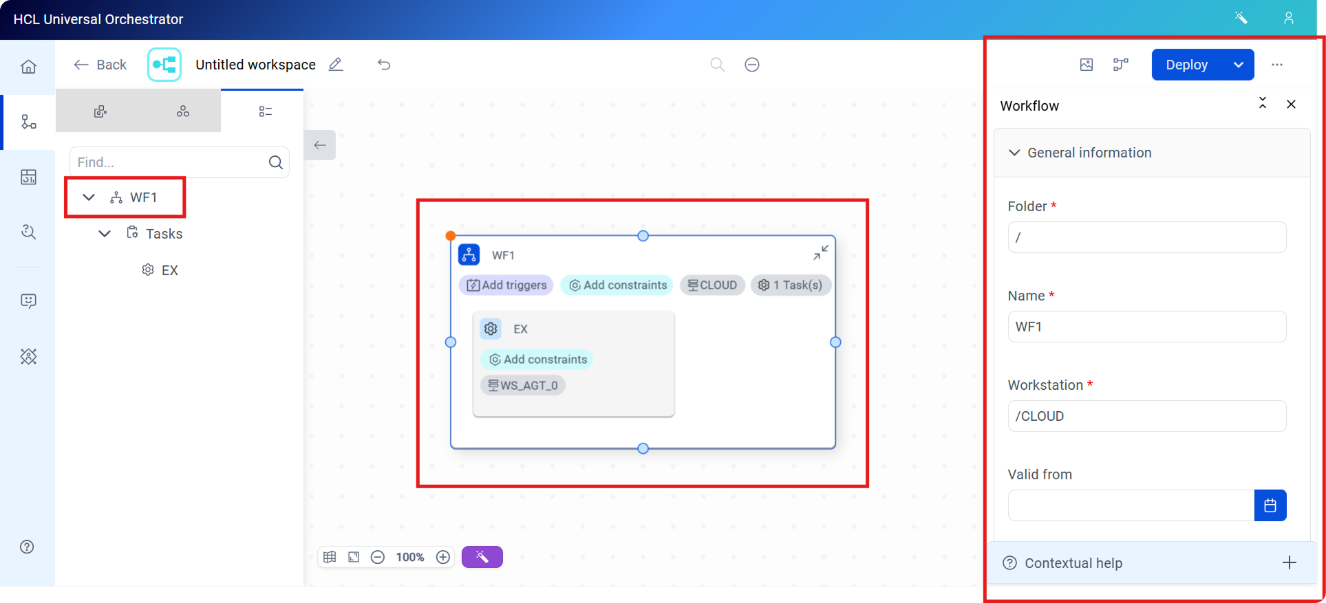 The Graphical Designer with a workflow selected from the Search tab, centered on the canvas and its properties panel open on the right.