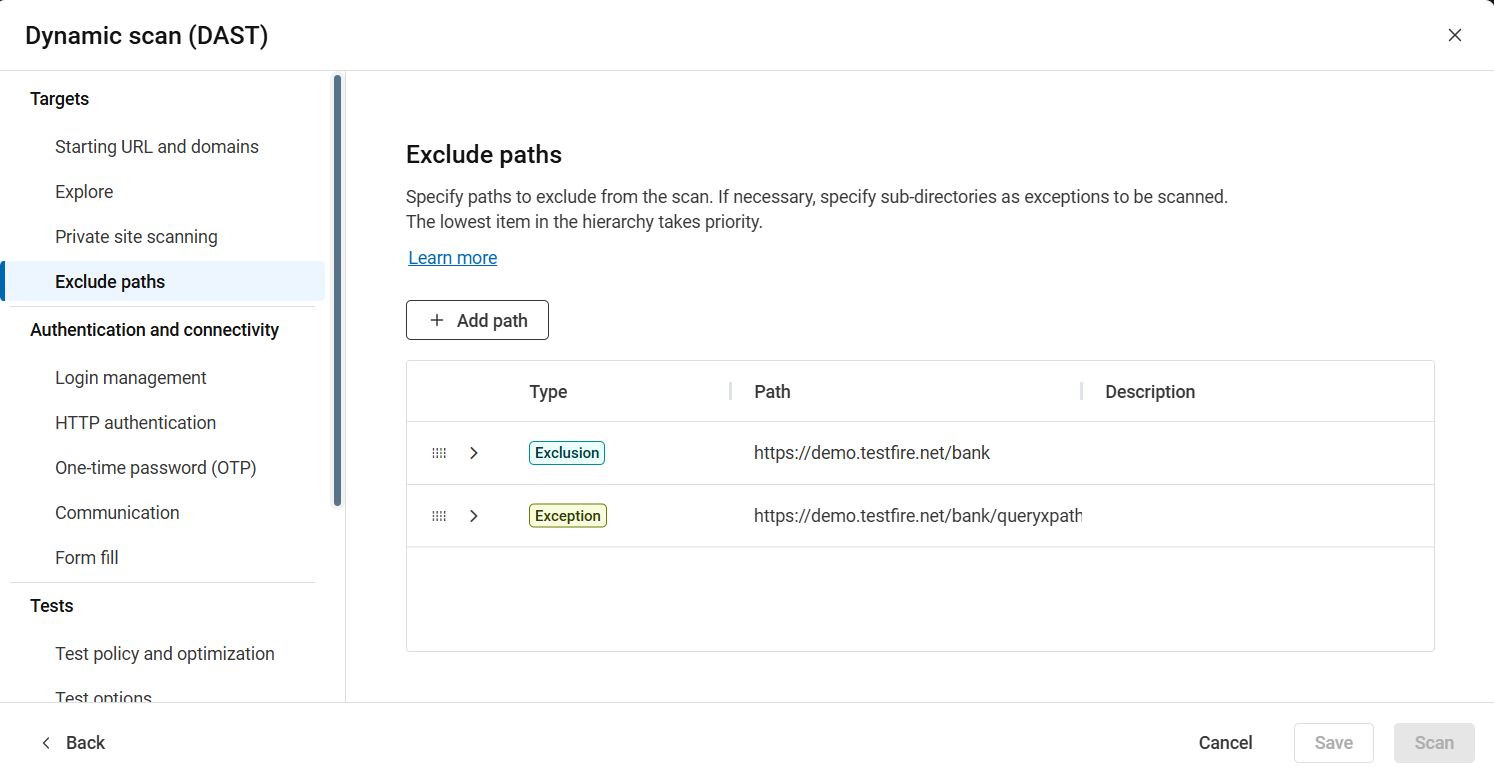 Configuration showing one exclusion and one exception added