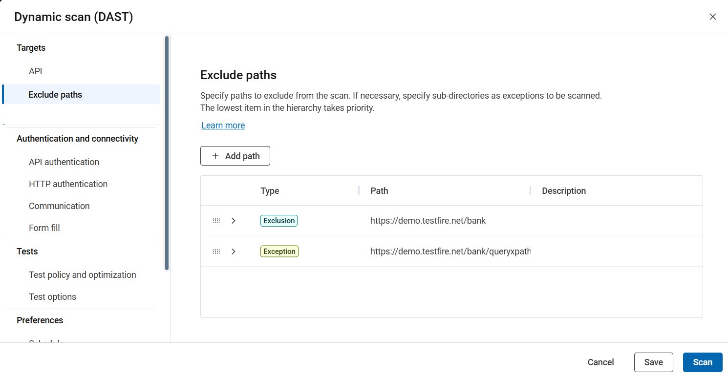 API scan configuration showing exclude paths
