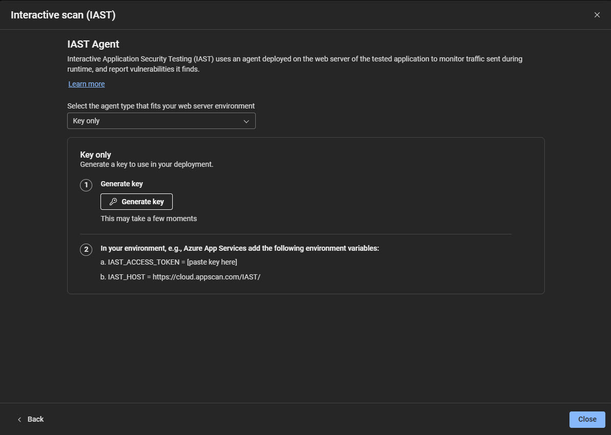 IAST session showing key only option and the environment variables.