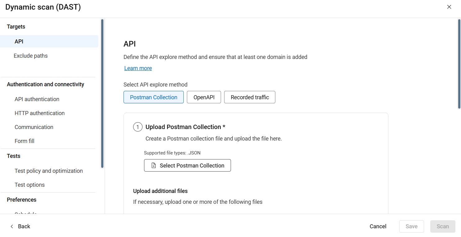 Create scan showing API explore configuration