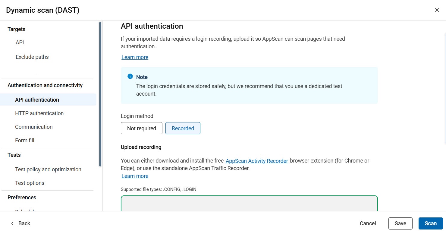 API configuration showing login recording upload option