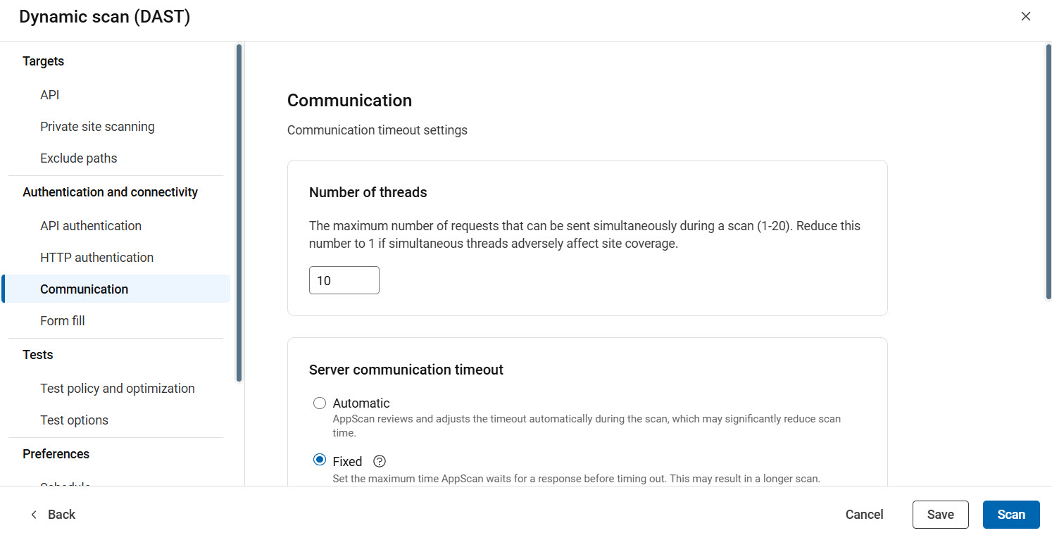 API configuration showing Communication options