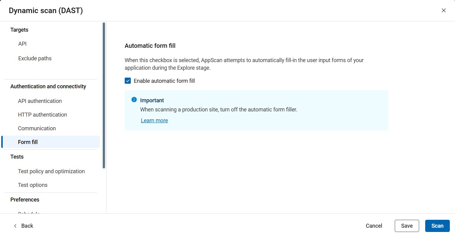 API configuration showing enable form fill option
