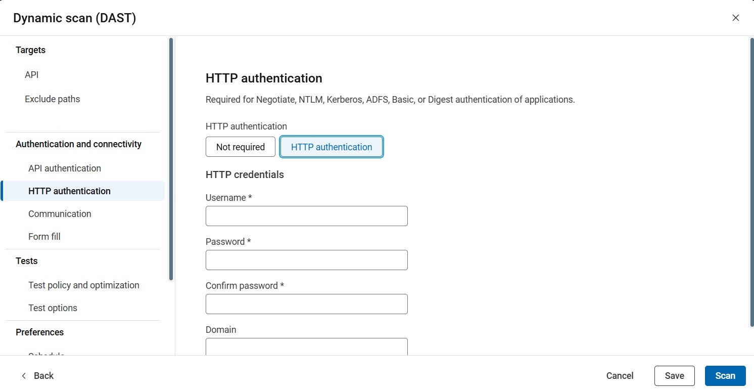 API configuration showing HTTP authentication options