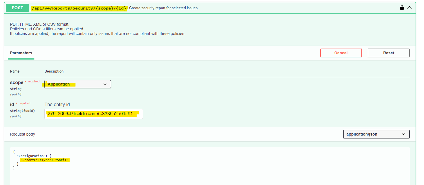 Swagger API showing export to SARIF