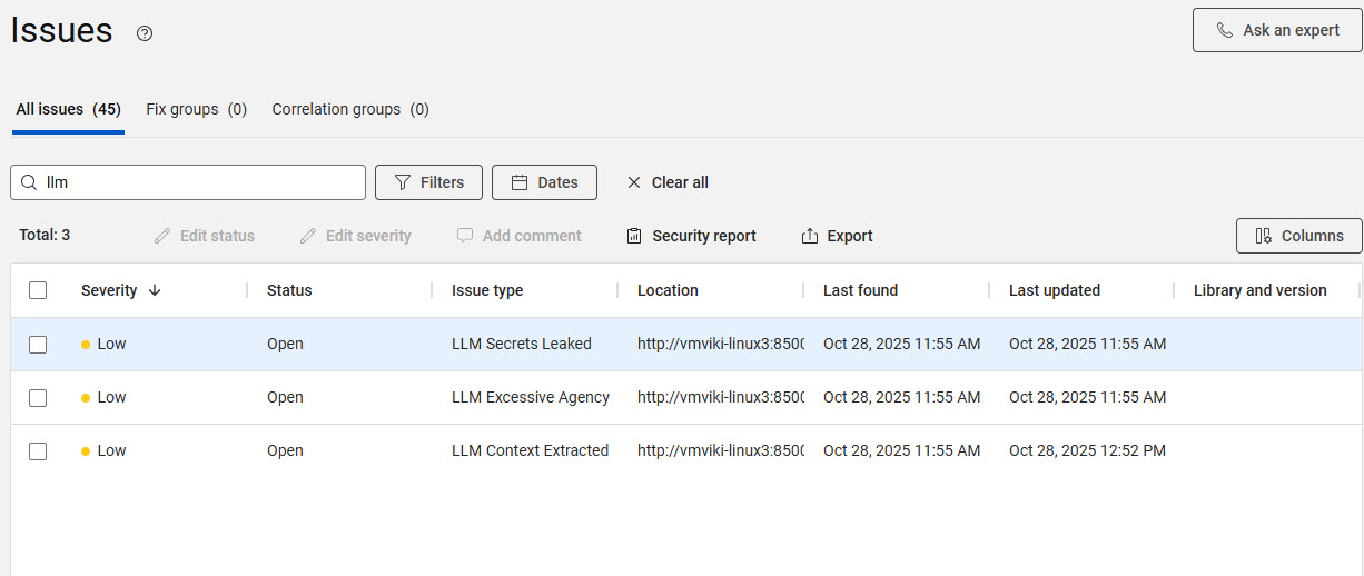 Issues information page showing AppScan issues filtered by LLM vulnerabilities