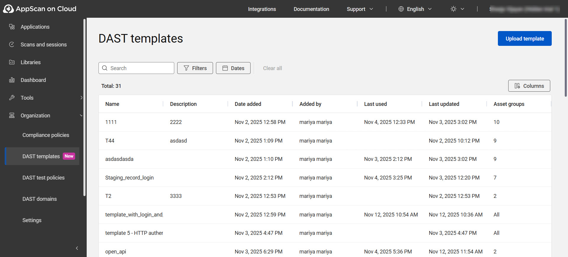 DAST templates page displaying the uploaded templates