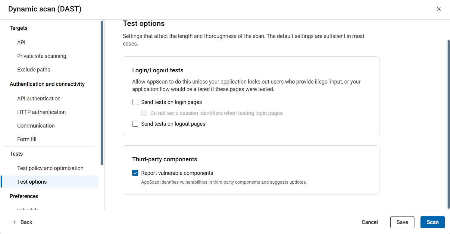 Configuration de l'API affichant les options de test