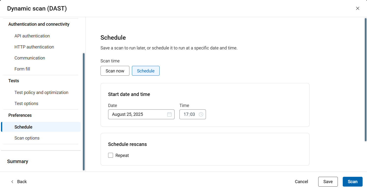 Configuration de l'API affichant les options de planification