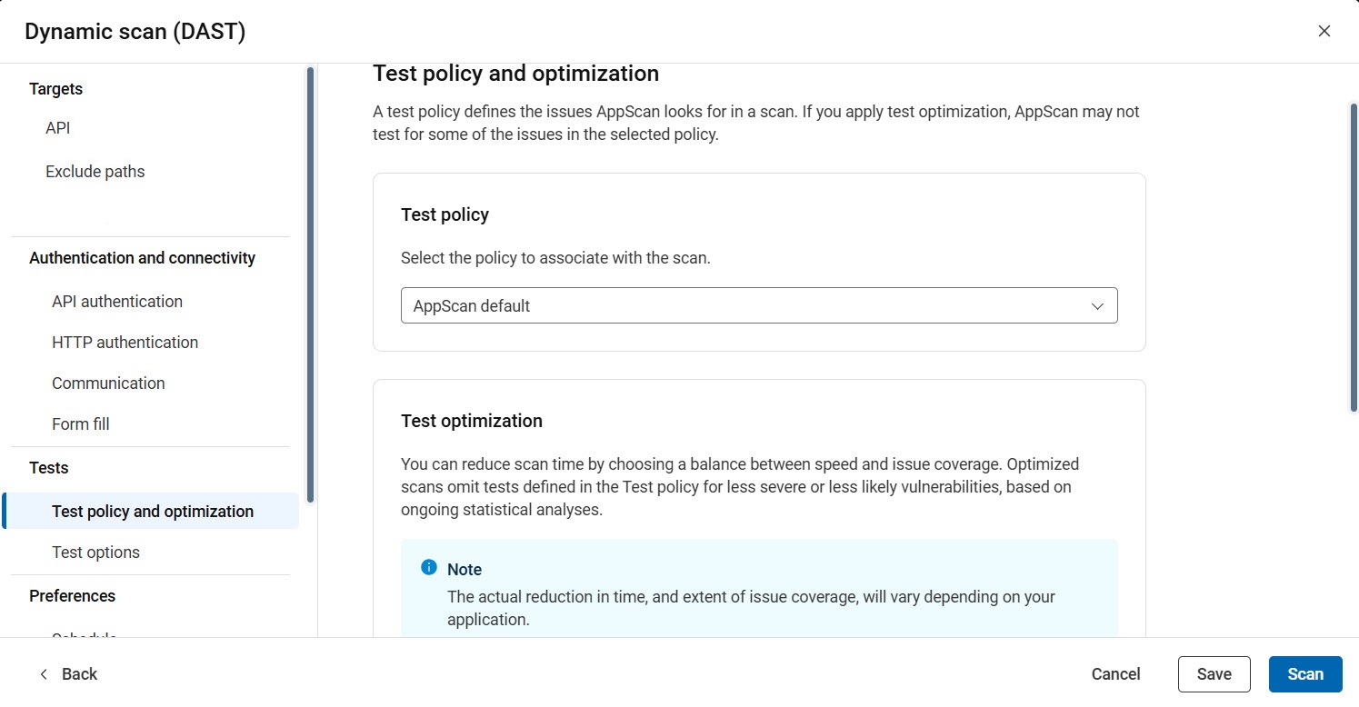 Configuration de l'API affichant la stratégie de test et les options d'optimisation