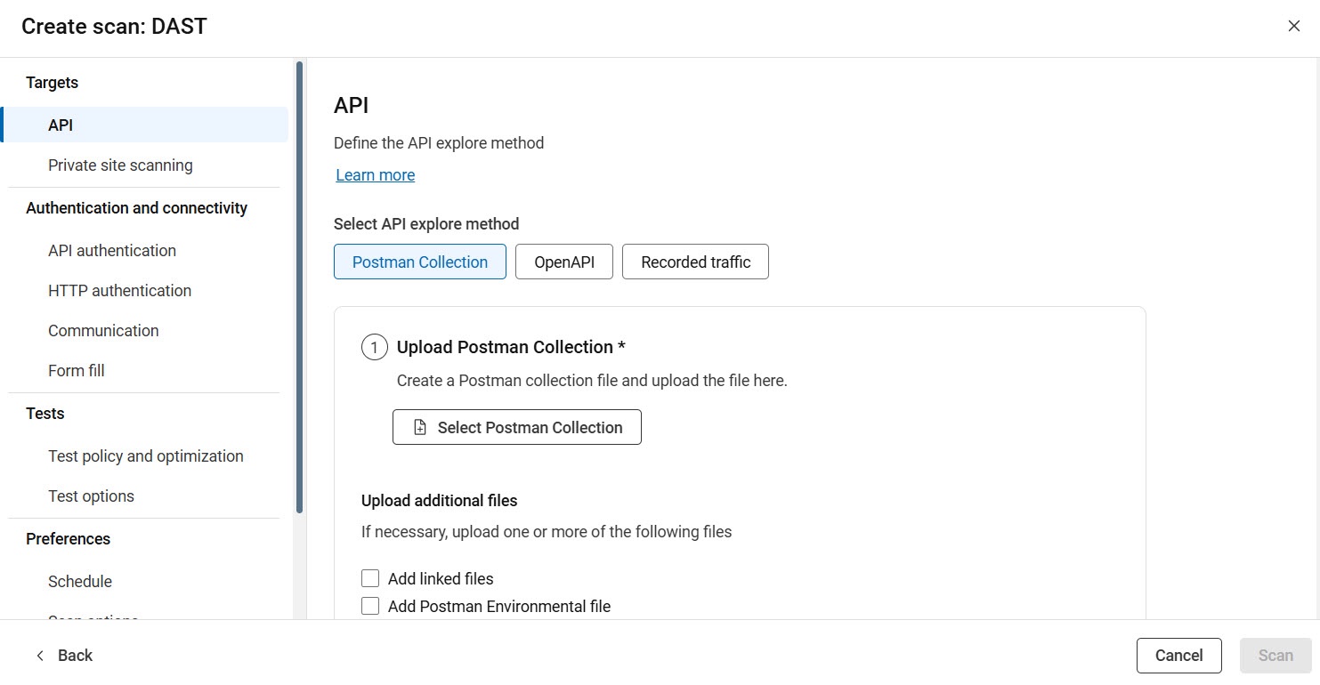 「スキャンを作成」での API 探査設定の表示