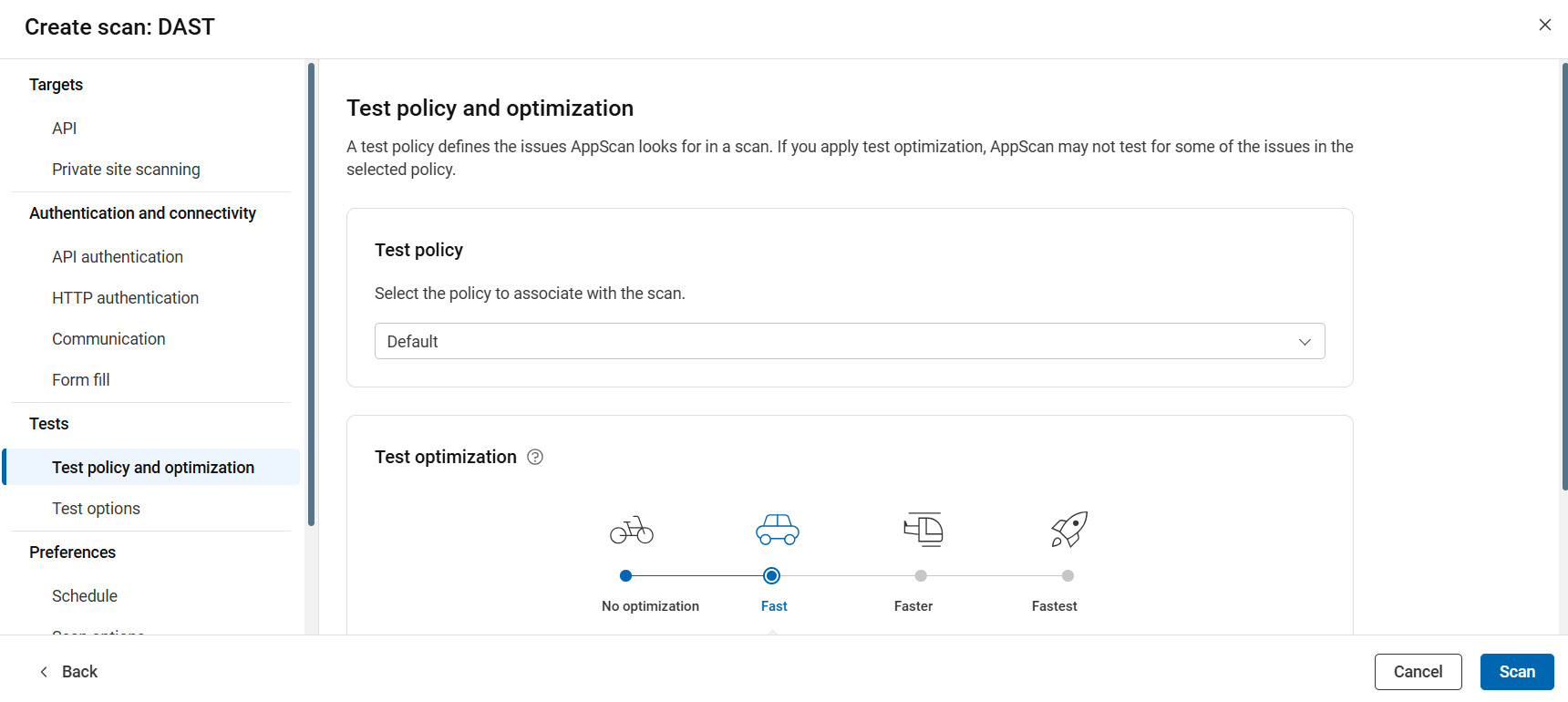 API 設定での「テスト・ポリシーと最適化」オプションの表示