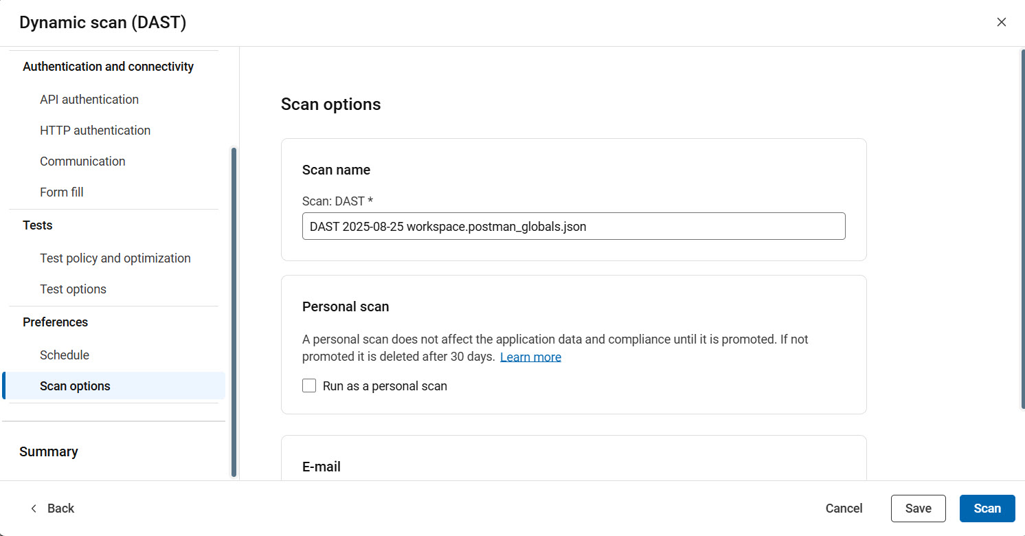 API 設定でのスキャン・オプションの表示
