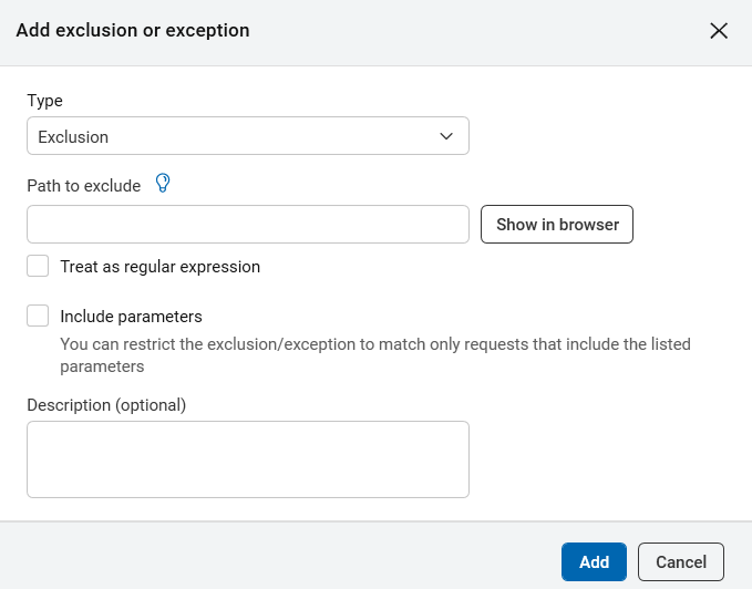 Add exclusion or exception dialog box