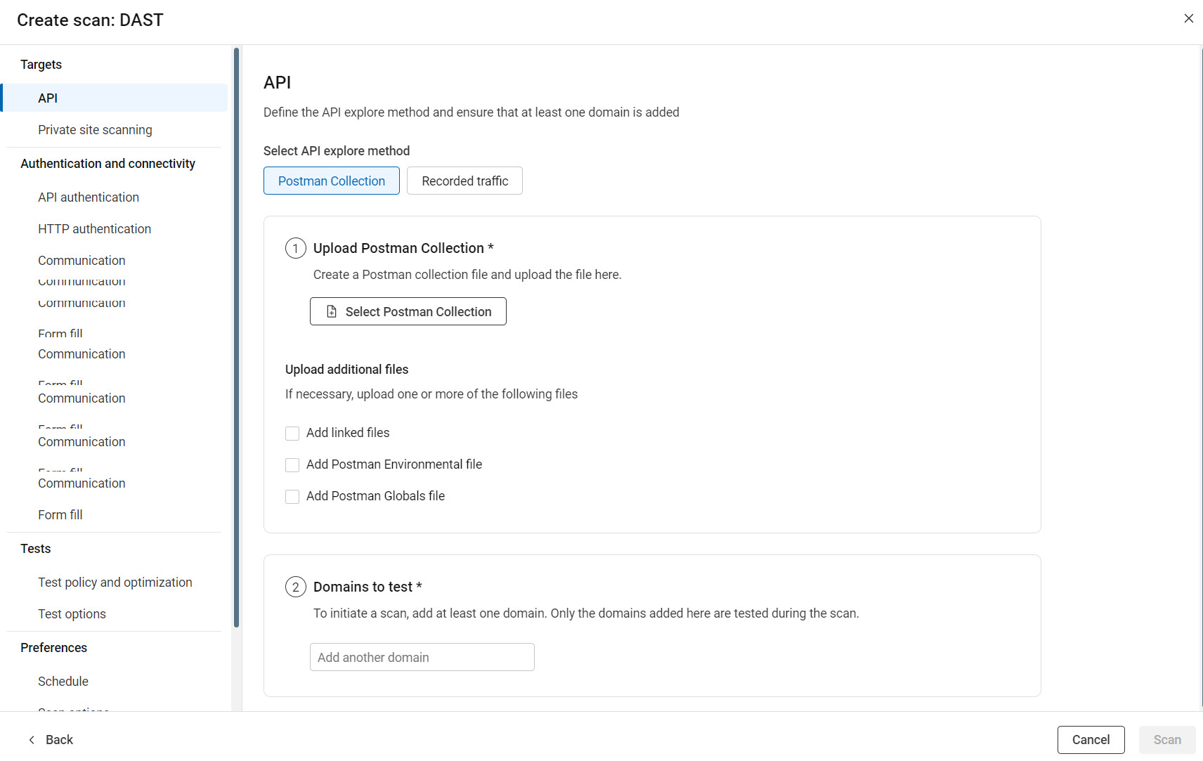 Create scan showing API explore configuration