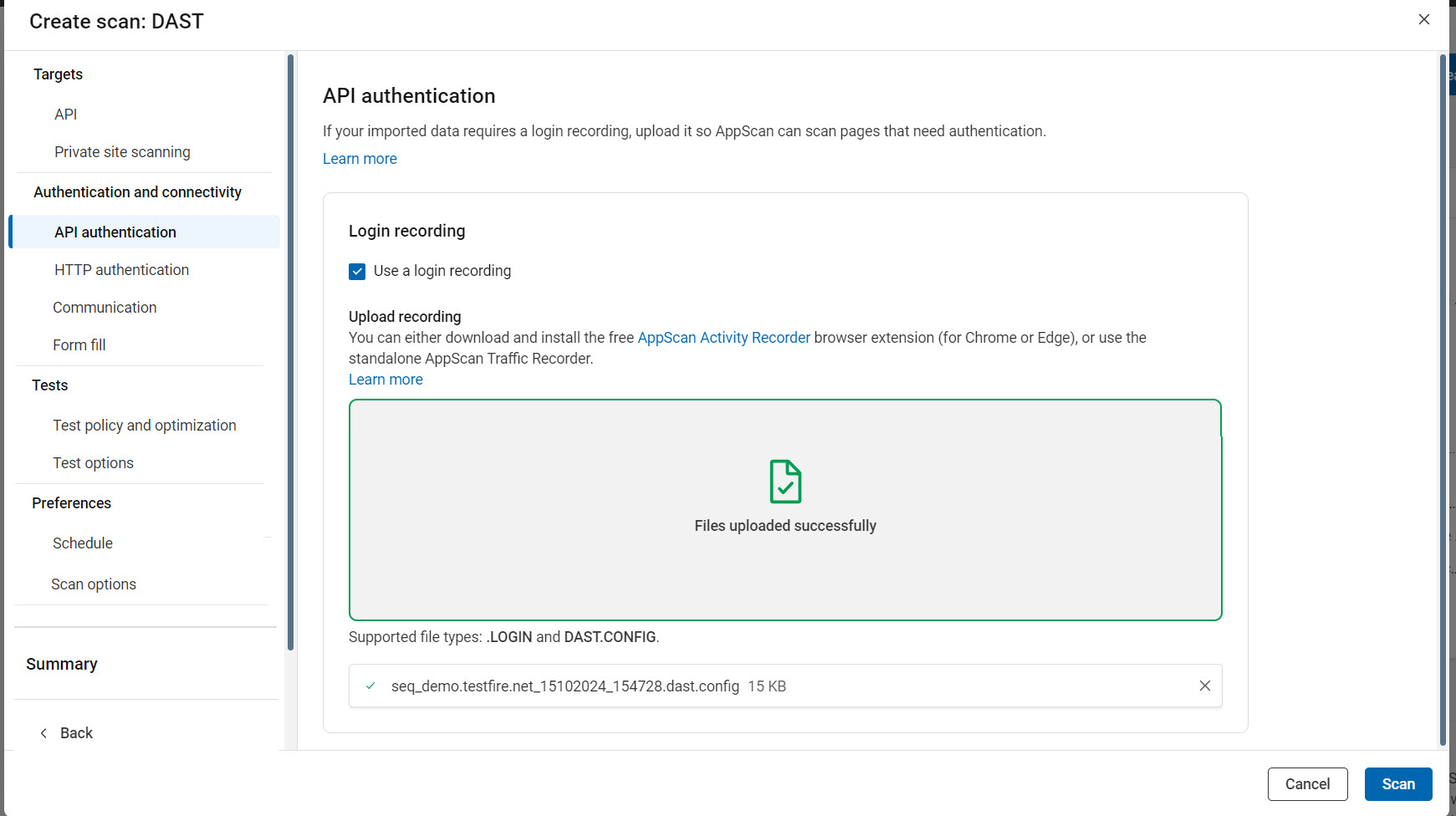 API configuration showing login recording upload option