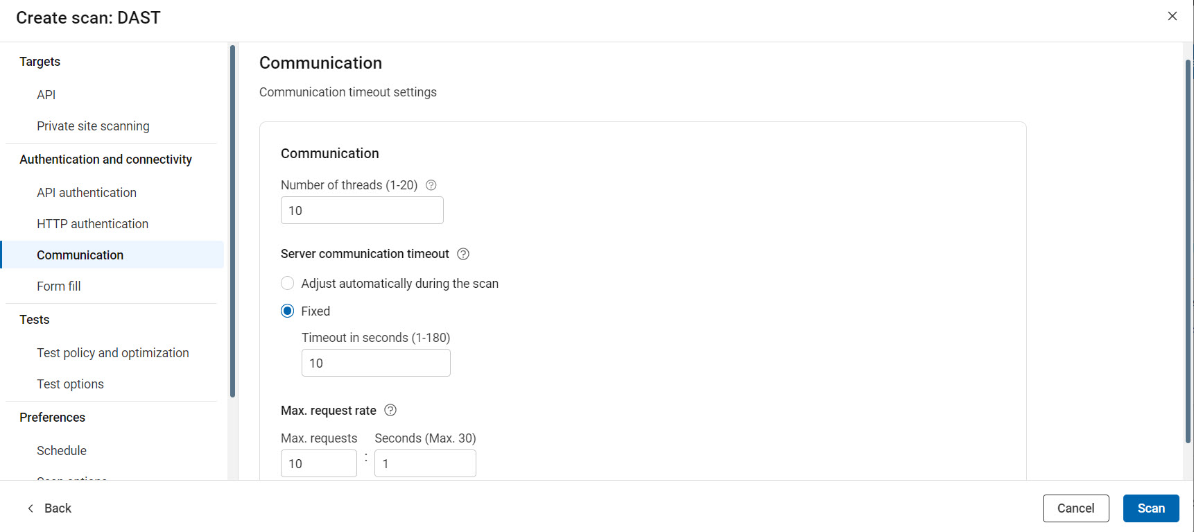 API configuration showing Communication options