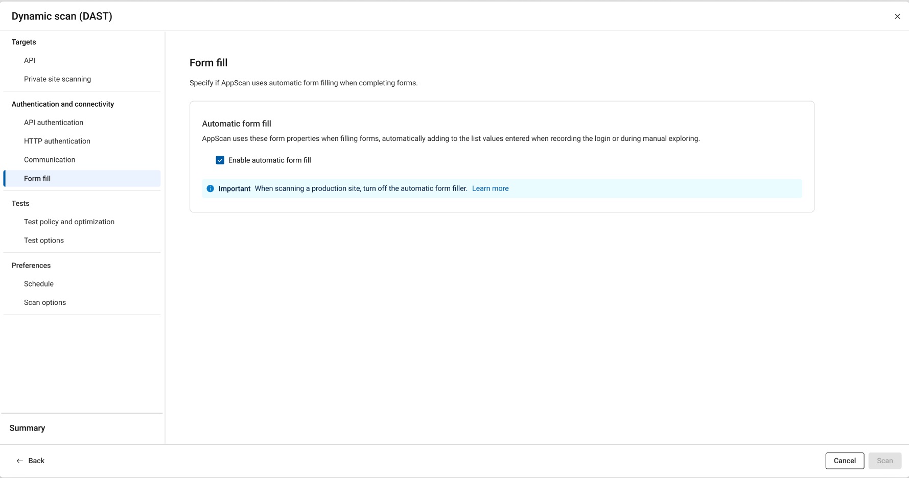 API configuration showing enable form fill option