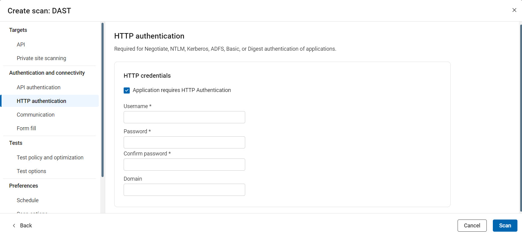 API configuration showing HTTP authentication options