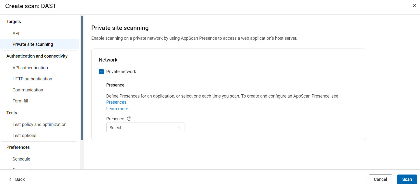 API configuration showing Private site scanning options