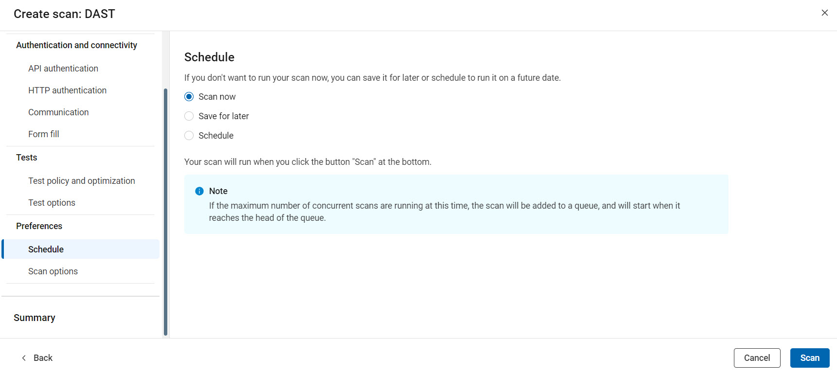 API configuration showing the scheduling options