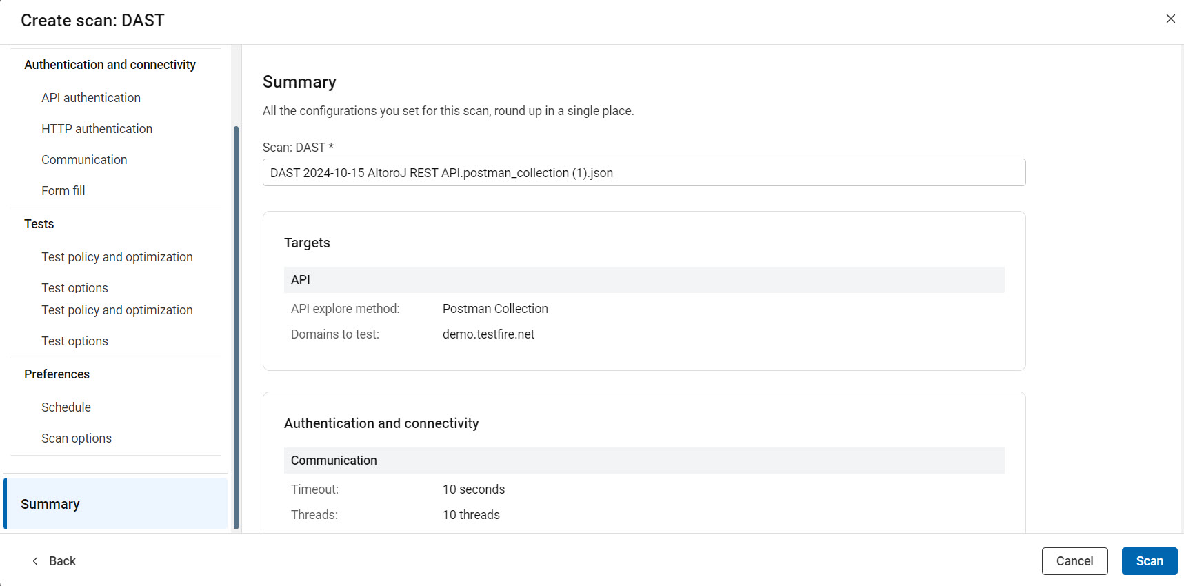 API configuration showing summary of configuration options