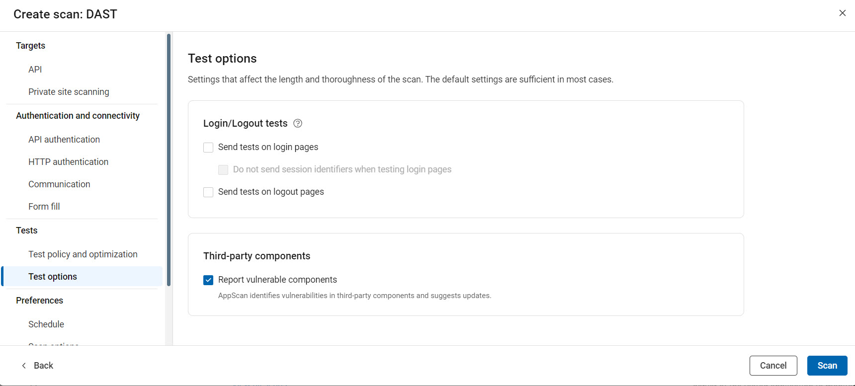 API configuration showing test options