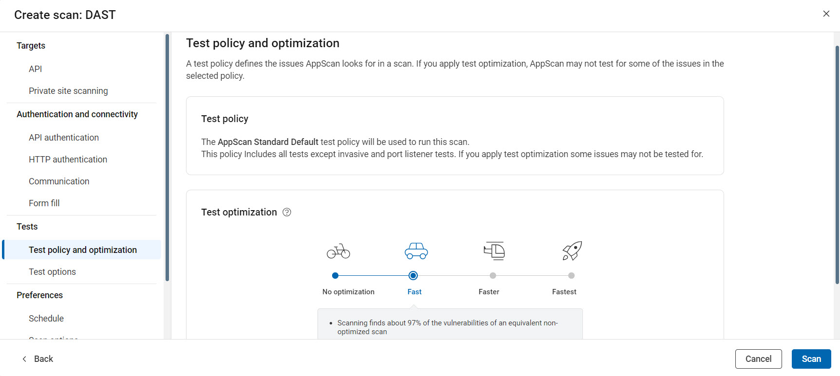 API configuration showing test policy and optimization options