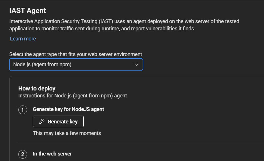 Displaying the Node.js option to generate the key