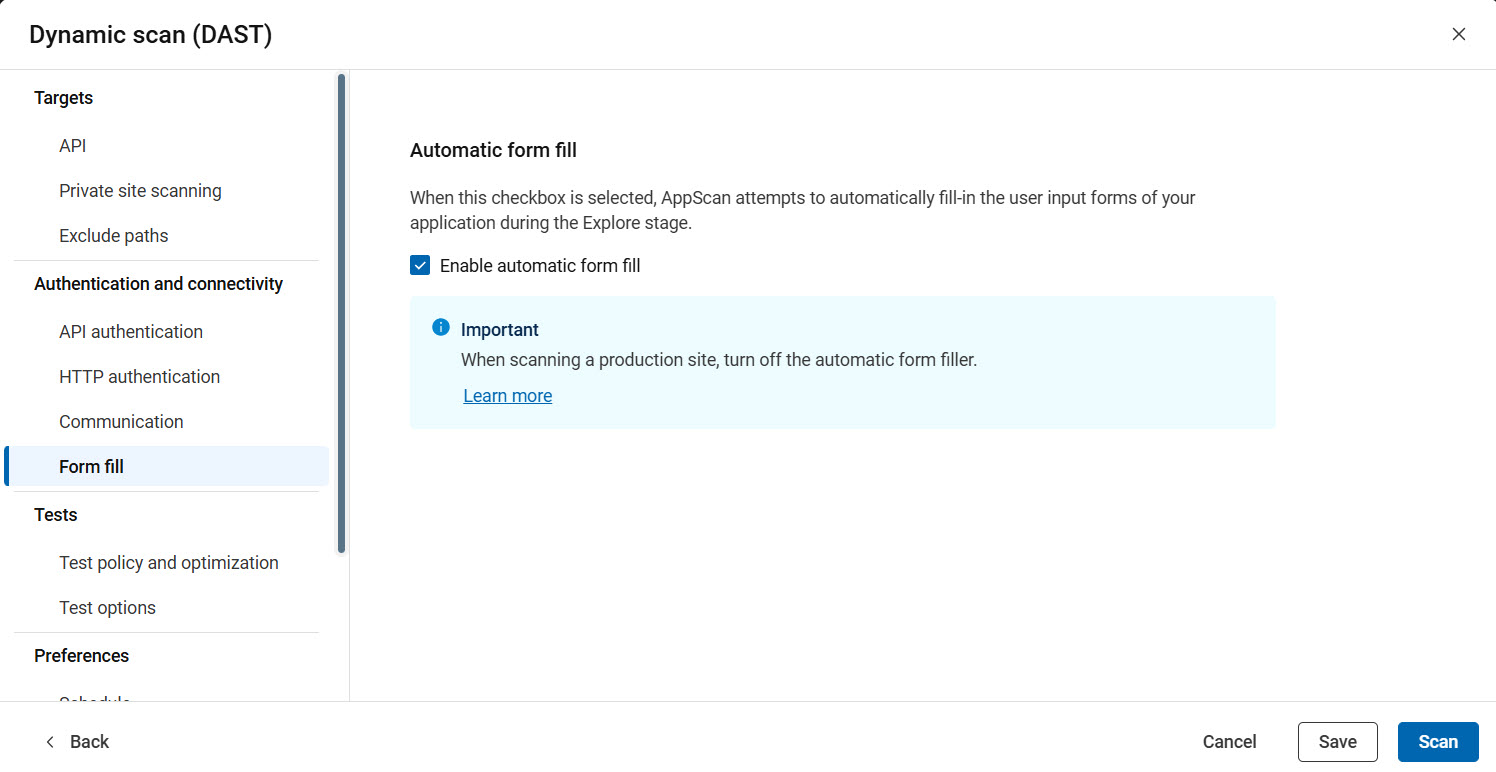Configuration de l'API affichant l'option d'activation du remplissage de formulaire