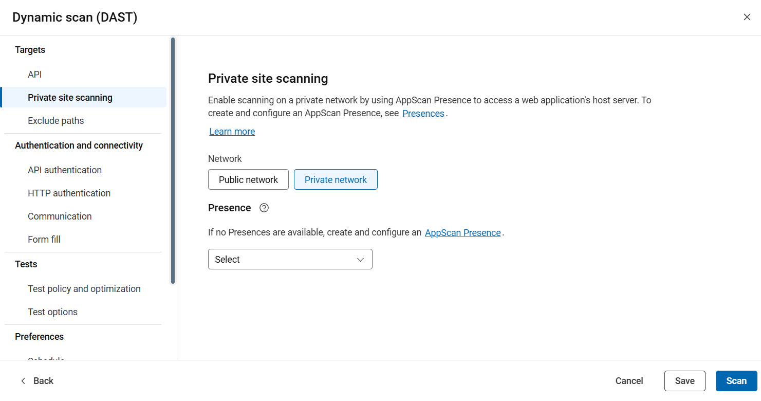 Configuration de l'API affichant les options de balayage de site privé