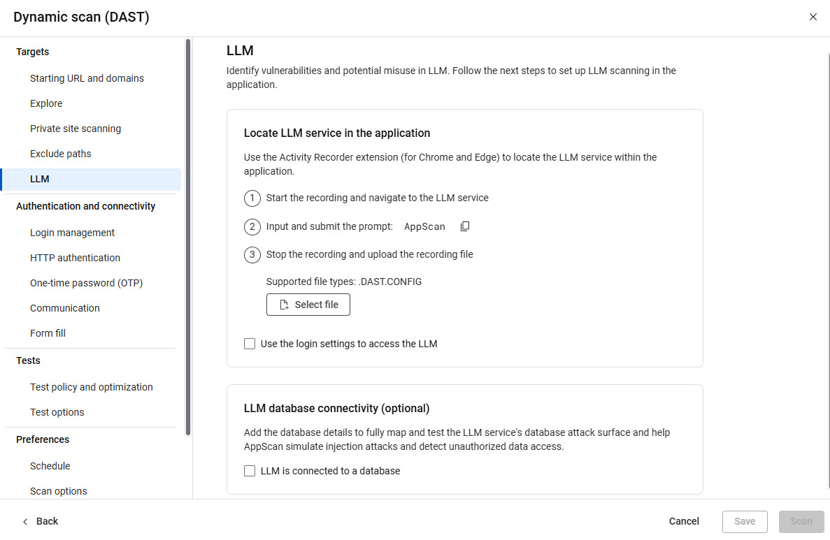 Configuration des examens affichant les options de configuration de LLM