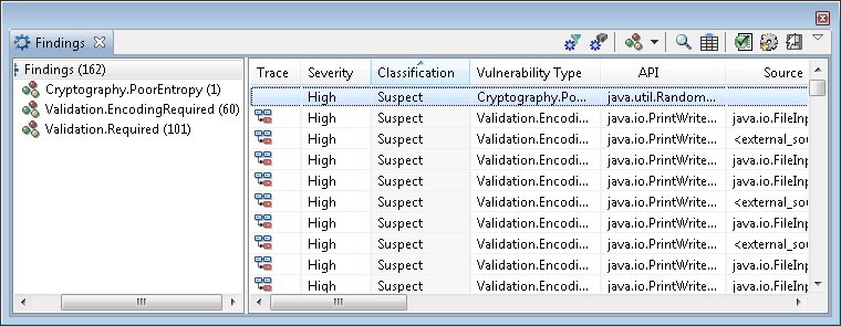 Findings view in AppScan Source for Analysis