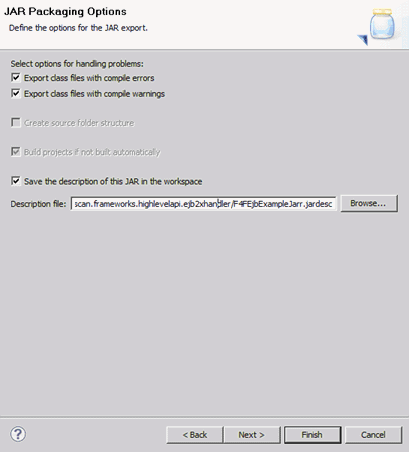 JAR Packaging Options page with a description file specified using the Description file field