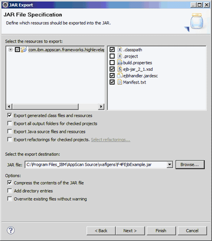 JAR Export wizard JAR File Specification page with an export destination selected using the JAR file field