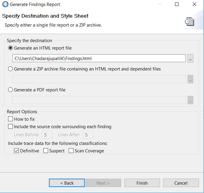 Generate Findings Report dialog box