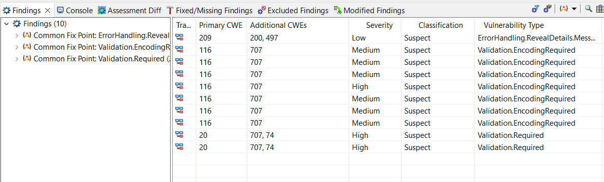 Findings view in AppScan Source for Analysis