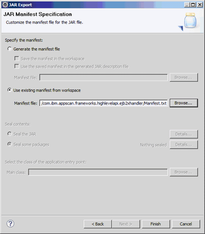 JAR Export wizard JAR Manifest Specification page with the Use existing manifest from workspace radio button selected and the Manifest file field completed