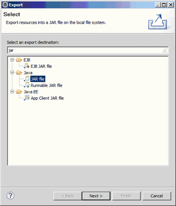 Fichier JAR sélectionné dans la page Sélectionner de l'assistant d'exportation