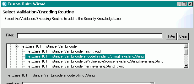 「検証/エンコード・ルーチンの選択」ページで、TestCase_IOT_Instance_Val_Encode.encode(java.lang.String): java.lang.String が選択されています。