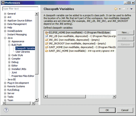 「クラスパス変数 (Classpath Variables)」設定ページ